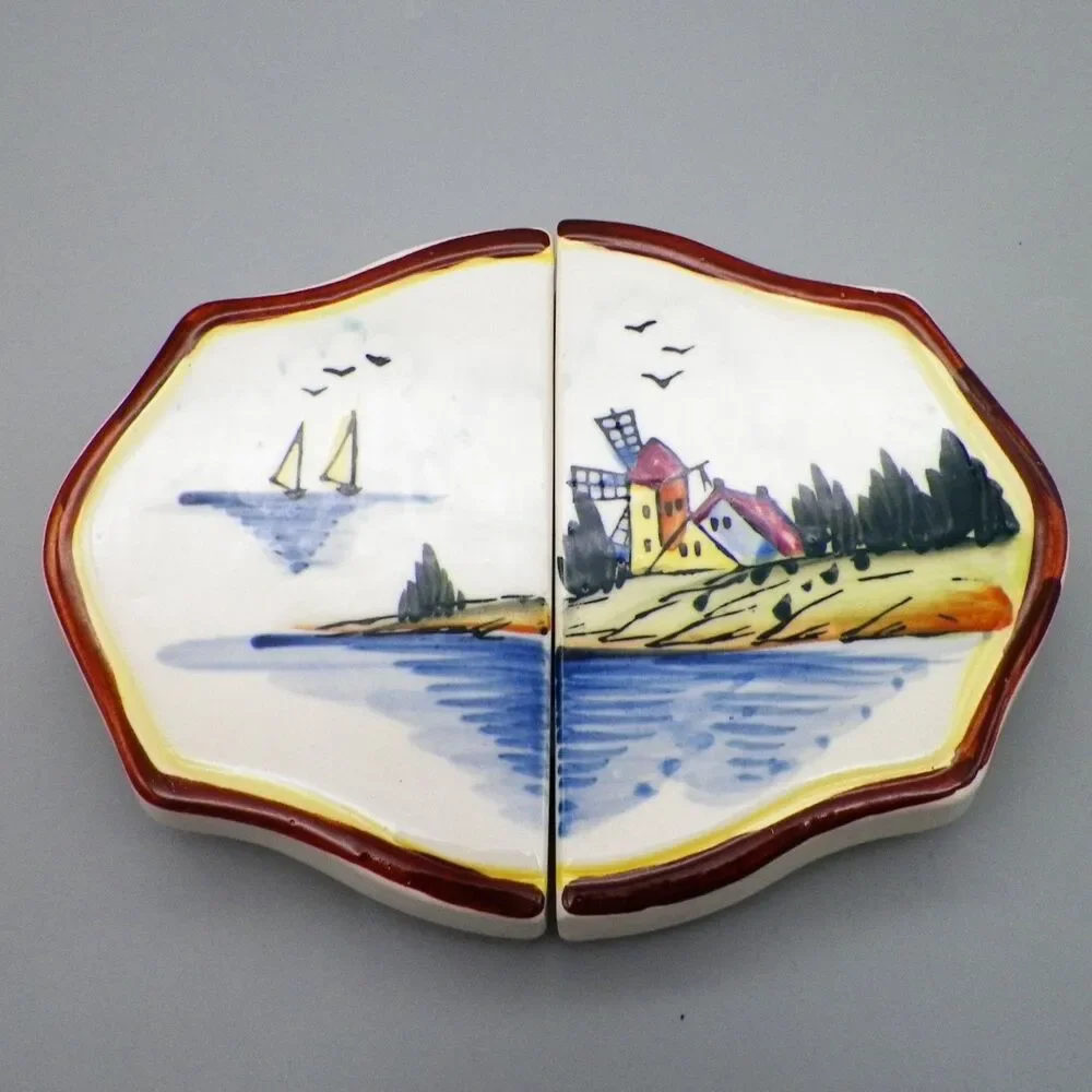 Vintage Fred Roberts Expandable Ceramic Trivet Windmill Sailboats Holland Scene
